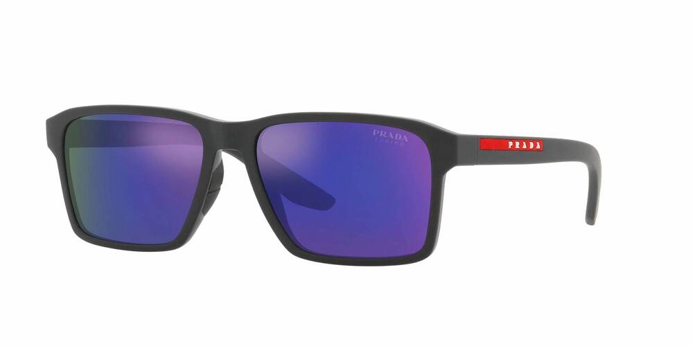 NEW PRADA men's linea rossa rectangle sunglasses in grey rubber - dark blue mirr